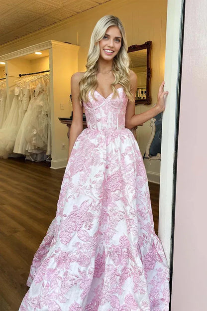 Off-the-Shoulder Backless Sweetheart Corset Floral Prom Dress with Ruffle