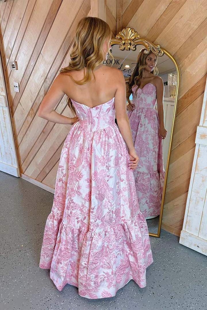 Off-the-Shoulder Backless Sweetheart Corset Floral Prom Dress with Ruffle