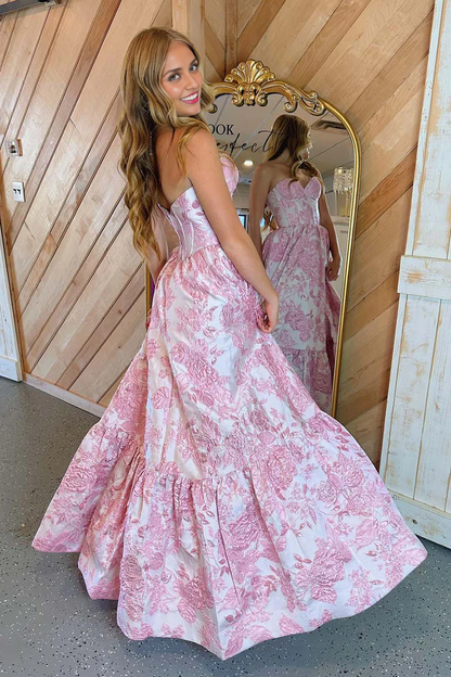 Off-the-Shoulder Backless Sweetheart Corset Floral Prom Dress with Ruffle