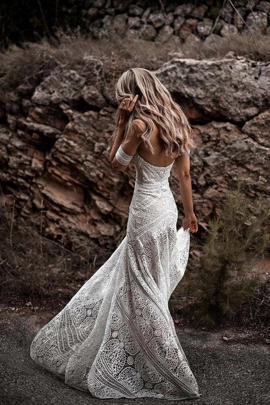 Ivory Crochet‑Lace Mermaid Sweetheart Off‑The‑Shoulder Zipper Low‑Back Sweep‑Train Wedding Dress For Beach