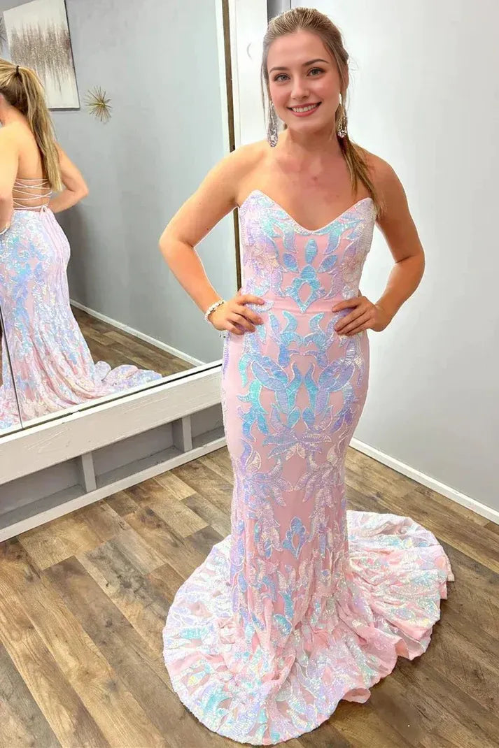 Off-the-Shoulder Blush Pink Sequin Appliques Strapless Trumpet Long Formal Dresses