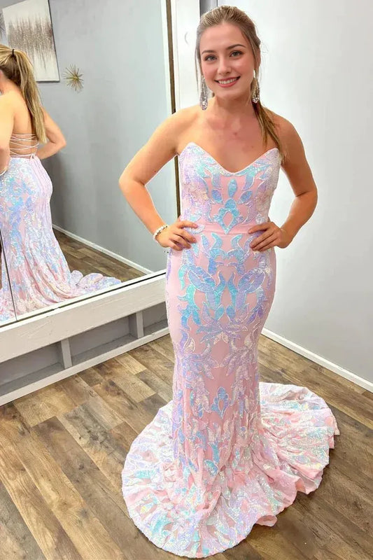 Off-the-Shoulder Blush Pink Sequin Appliques Strapless Trumpet Long Formal Dresses
