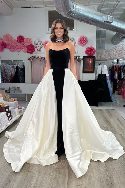 Off-the-Shoulder Chic A-line Strapless Black White Long Prom Dress With Sweep Train