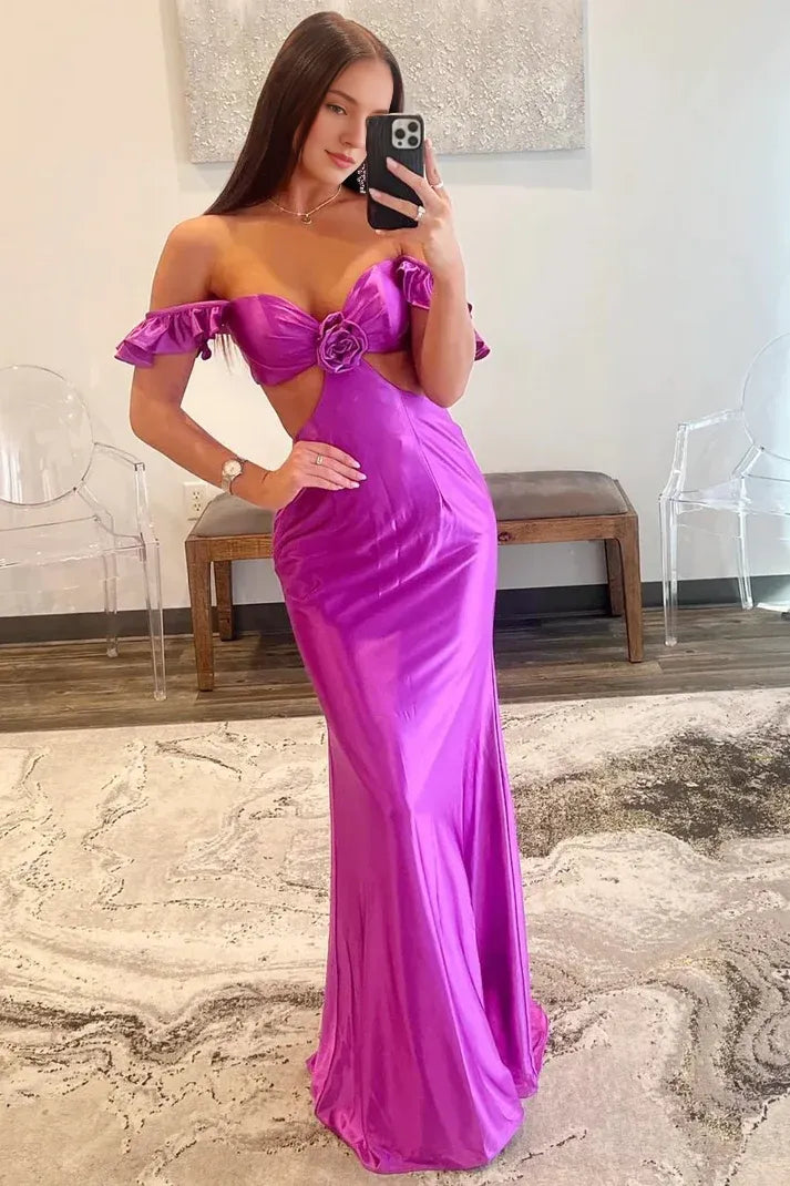 Off-the-Shoulder Cutout Waist Violet Flutter Sleeve Cutout Mermaid Fitted Prom Dresses