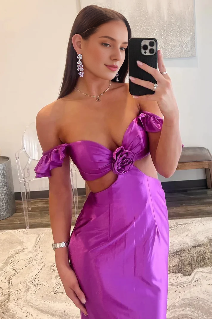 Off-the-Shoulder Cutout Waist Violet Flutter Sleeve Cutout Mermaid Fitted Prom Dresses