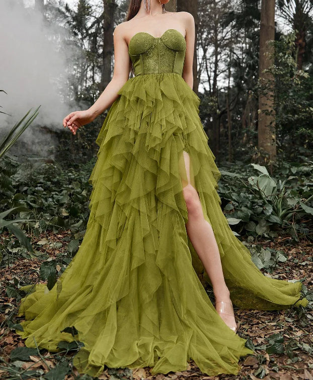 Off-the-Shoulder Elegant Lace Bodice Split Ruffle Layered Prom Dress