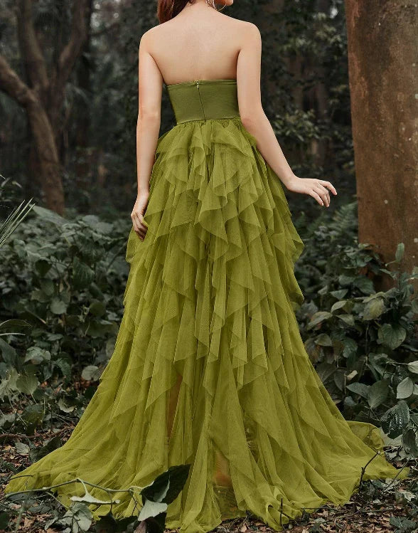 Off-the-Shoulder Elegant Lace Bodice Split Ruffle Layered Prom Dress