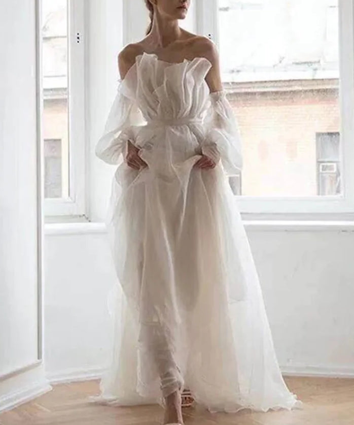 Off-the-Shoulder Floor Length A line White Long Prom Dress With Sleeve