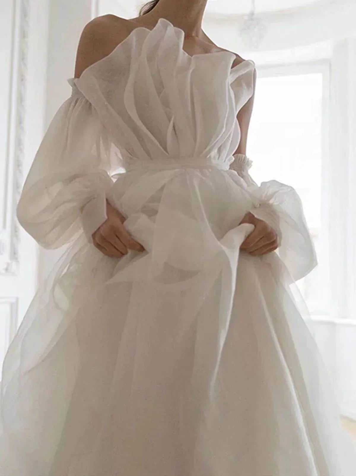 Off-the-Shoulder Floor Length A line White Long Prom Dress With Sleeve