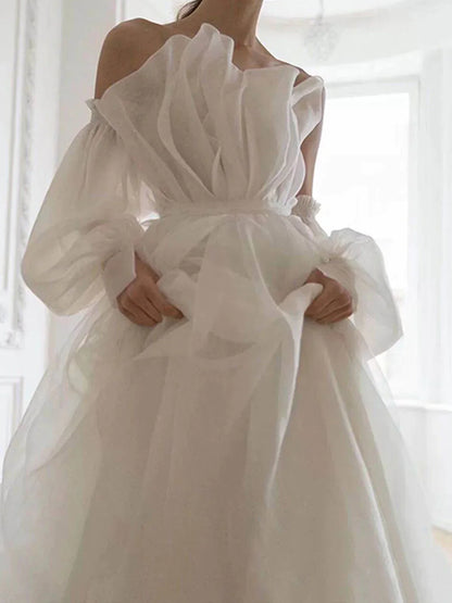 Off-the-Shoulder Floor Length A line White Long Prom Dress With Sleeve