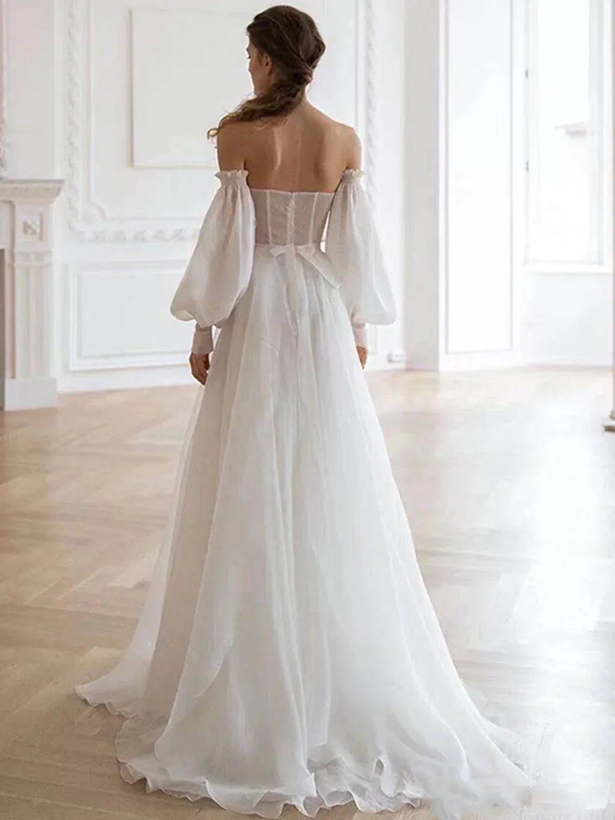 Off-the-Shoulder Floor Length A line White Long Prom Dress With Sleeve