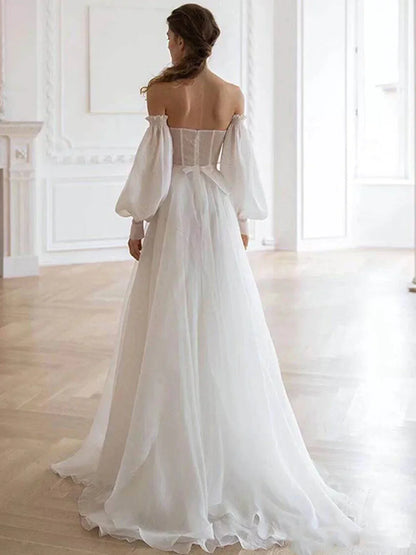 Off-the-Shoulder Floor Length A line White Long Prom Dress With Sleeve