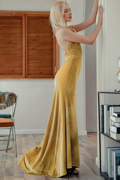 Off-the-Shoulder Floor Length Backless Sleeveless Velvet Evening Prom Dress
