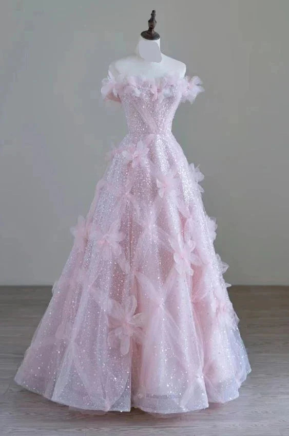Off-the-Shoulder Floor Length High Feeling Pink Fairy Prom Dress With 3D Flower
