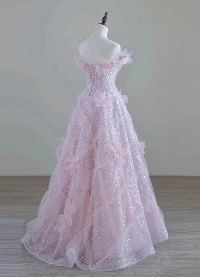 Off-the-Shoulder Floor Length High Feeling Pink Fairy Prom Dress With 3D Flower