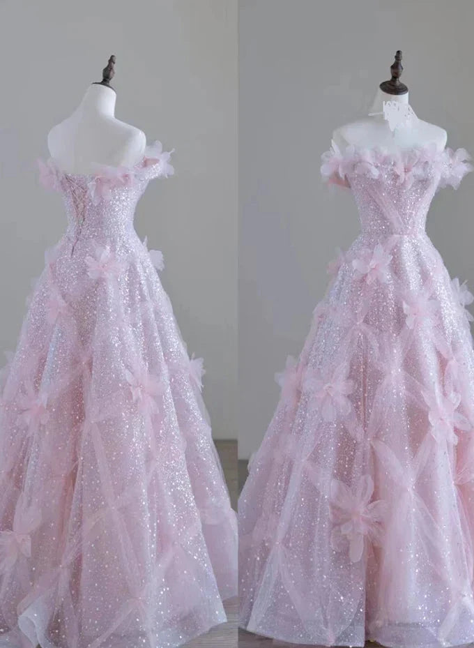 Off-the-Shoulder Floor Length High Feeling Pink Fairy Prom Dress With 3D Flower