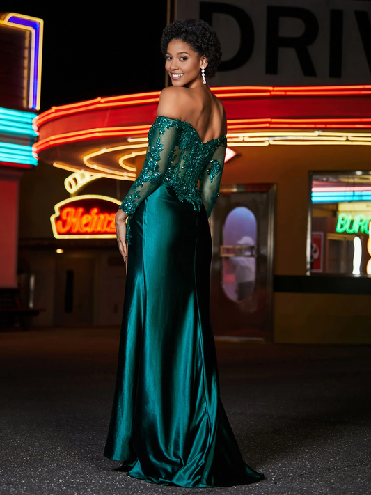 Off-the-Shoulder Floor Length High Slit Corset Bodice Stretch Satin Evening Prom Dress