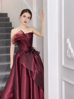 Off-the-Shoulder Floor Length Simple Ball Gown Strapless Burgundy Long Prom Dress