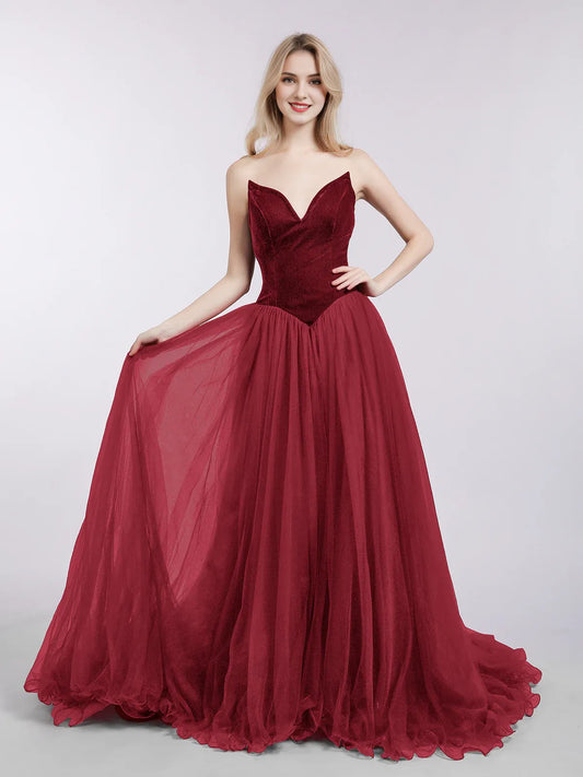 Off-the-Shoulder Floor Length Sweetheart Neck Tulle Evening Dress with Train-Burgundy