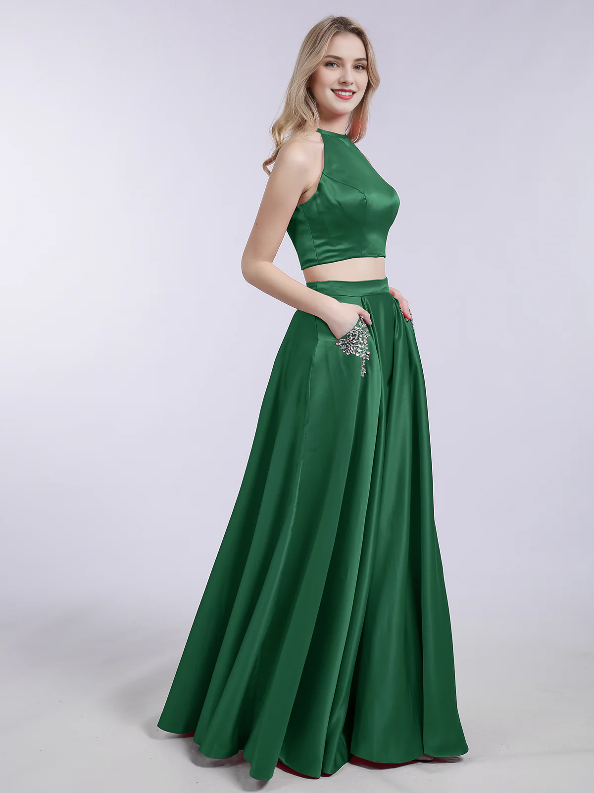 Off-the-Shoulder Floor Length Two Piece Satin Prom Party Dress with Pockets Dark Green