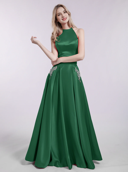 Off-the-Shoulder Floor Length Two Piece Satin Prom Party Dress with Pockets Dark Green