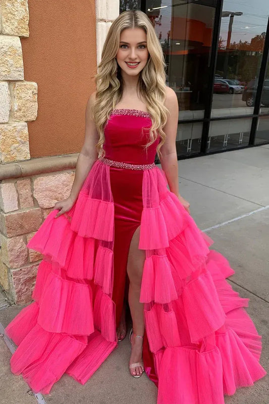 Off-the-Shoulder Fuchsia Strapless Beaded Mermaid Long Prom Dresses With Tulle Train
