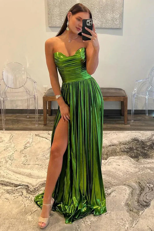 Off-the-Shoulder Green Strapless Pleated A-Line Long Prom Dresses With Slit