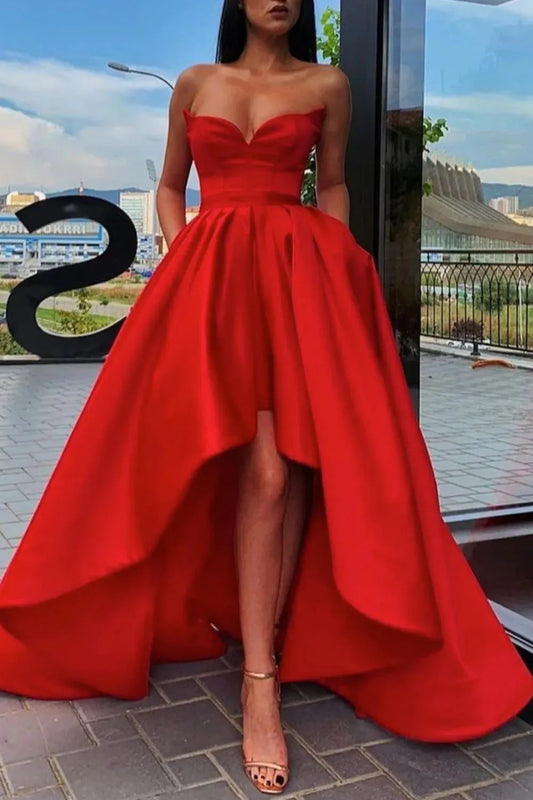 Off-the-Shoulder High Low Sweetheart Strapless Neck Red Prom Dress