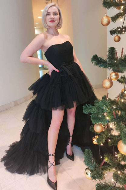 Off-the-Shoulder High Low Tulle Tiered Evening Dresses Strapless With Ruffles