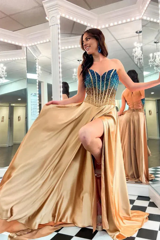 Off-the-Shoulder Lace Up Sleeveless A-Line Strapless Slit Long Prom Dresses with Beadings