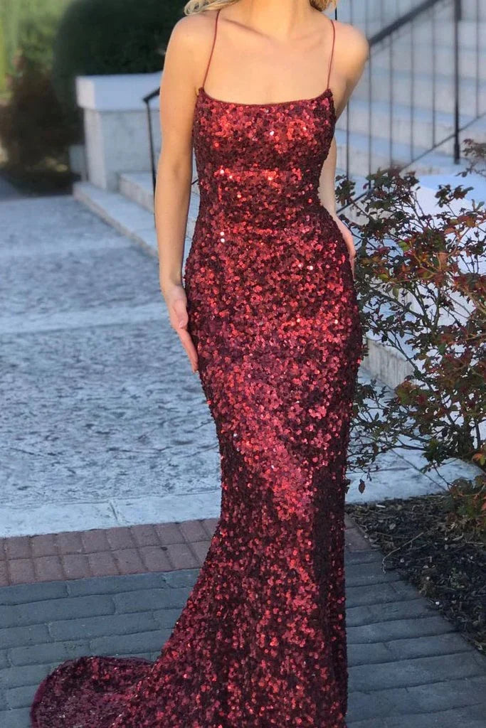 Off-the-Shoulder Lace Up Spaghetti Straps Backless Long Burgundy Evening Dress Sequins