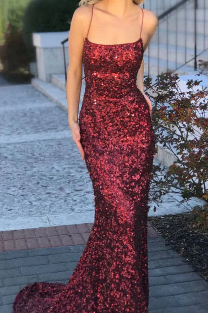 Off-the-Shoulder Lace Up Spaghetti Straps Backless Long Burgundy Evening Dress Sequins
