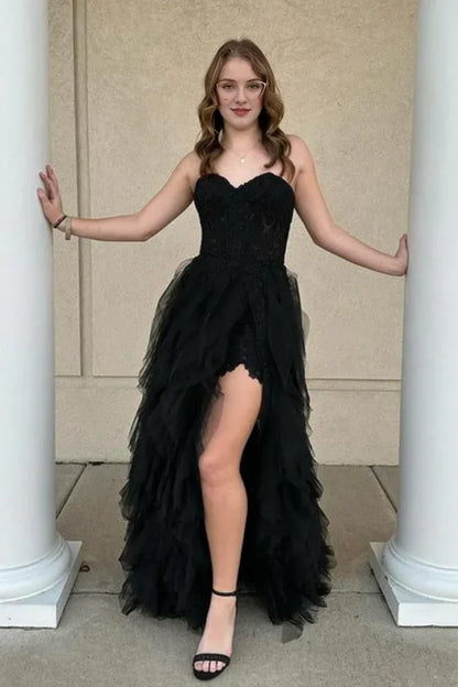 Off-the-Shoulder Lace Up Strapless Black Lace Tiered Corset Evening Dress