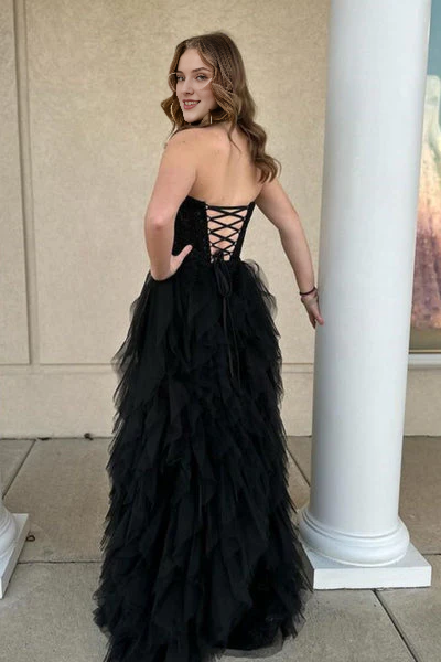 Off-the-Shoulder Lace Up Strapless Black Lace Tiered Corset Evening Dress