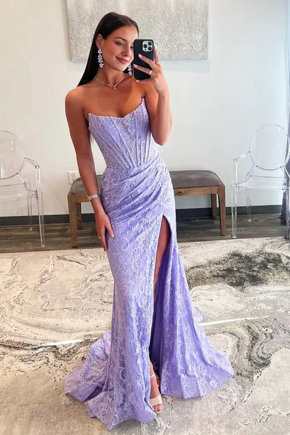 Off-the-Shoulder Lavender Lace Strapless Long Mermaid Prom Dresses With Lace Applique