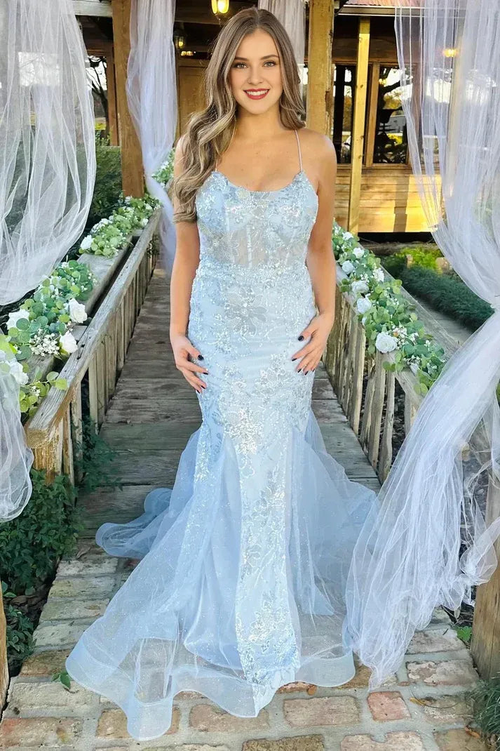 Off-the-Shoulder Light Blue Scoop Neck Sequin Lace Trumpet Long Prom Dresses