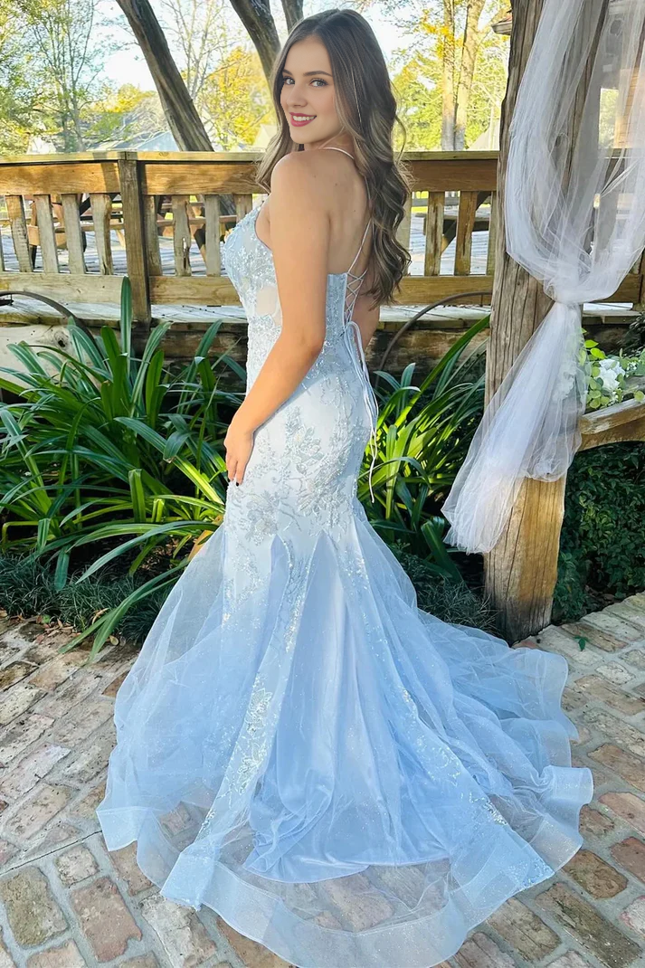 Off-the-Shoulder Light Blue Scoop Neck Sequin Lace Trumpet Long Prom Dresses