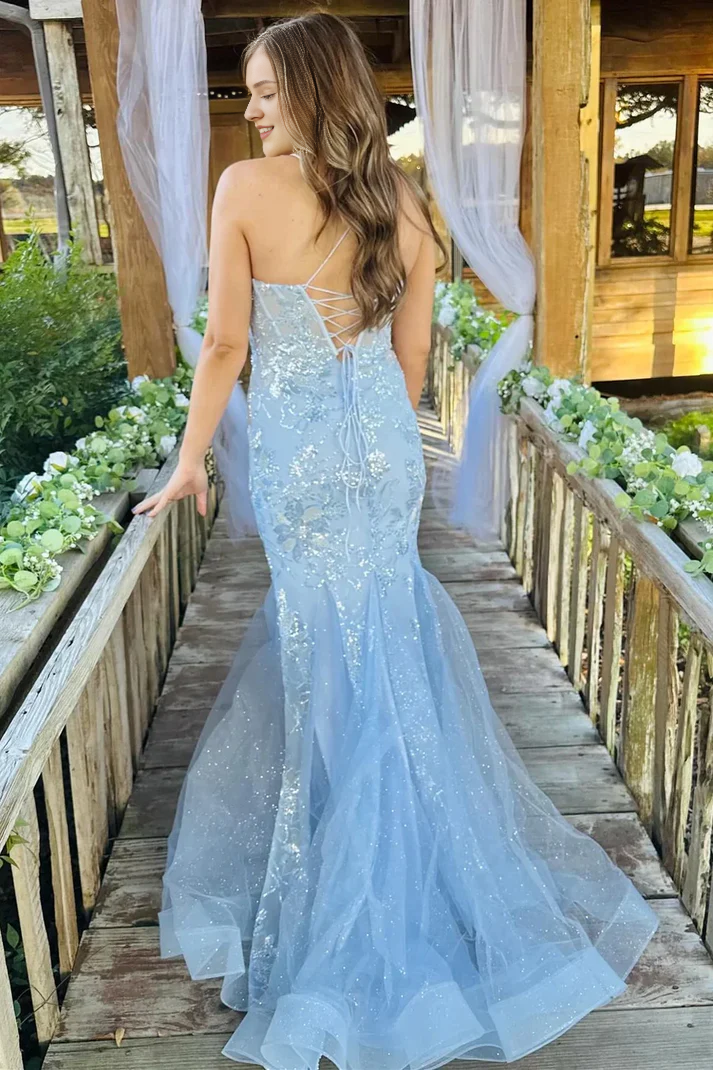 Off-the-Shoulder Light Blue Scoop Neck Sequin Lace Trumpet Long Prom Dresses