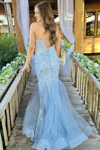 Off-the-Shoulder Light Blue Scoop Neck Sequin Lace Trumpet Long Prom Dresses