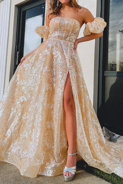 Off-the-Shoulder Luxurious A Line Strapless Champagne Long Prom Dress with Split Front