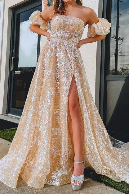 Off-the-Shoulder Luxurious A Line Strapless Champagne Long Prom Dress with Split Front