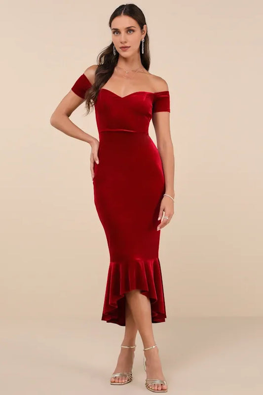Formal Women's Dresses Wine Red Velvet Off-the-Shoulder Medium-Length Prom Dress Prom Dress Shops