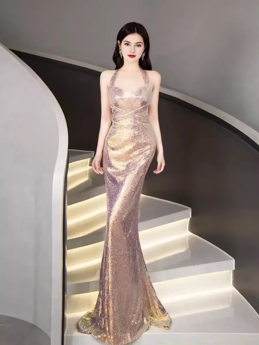 Off-the-Shoulder Mermaid Halter Sequin Backless Prom Dresses Evening Dress