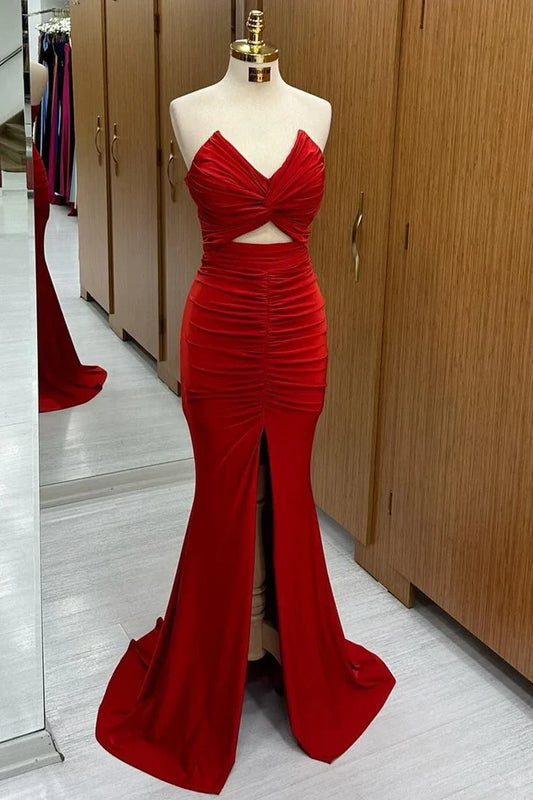 Off-the-Shoulder Mermaid Red Strapless Twisted Knot Long Prom Dresses