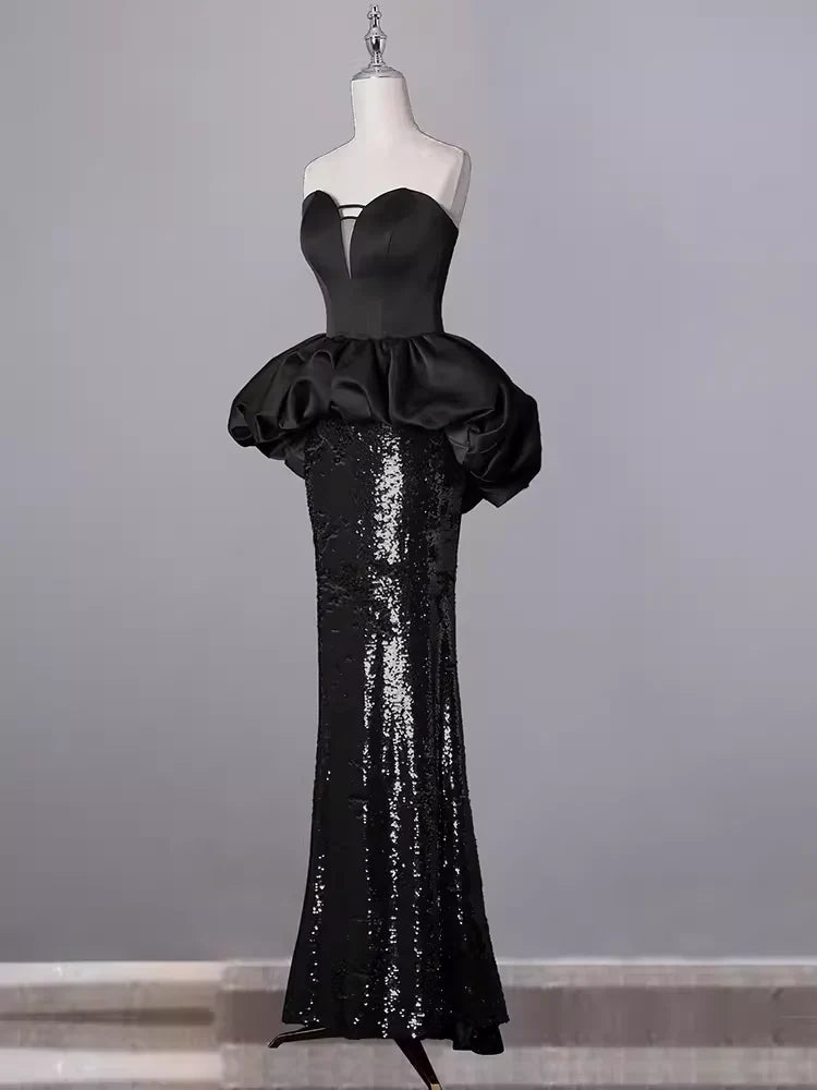Off-the-Shoulder Mermaid Sweetheart Long Black Sequin Prom Dresses