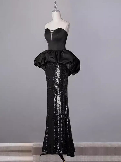 Off-the-Shoulder Mermaid Sweetheart Long Black Sequin Prom Dresses