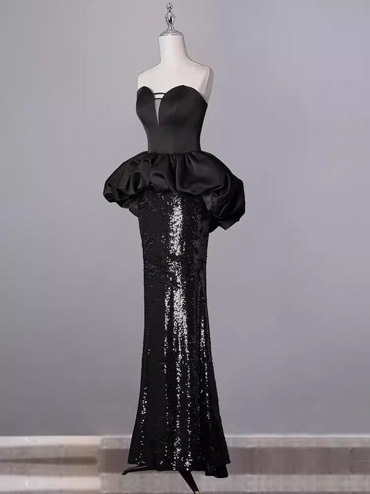 Off-the-Shoulder Mermaid Sweetheart Long Black Sequin Prom Dresses