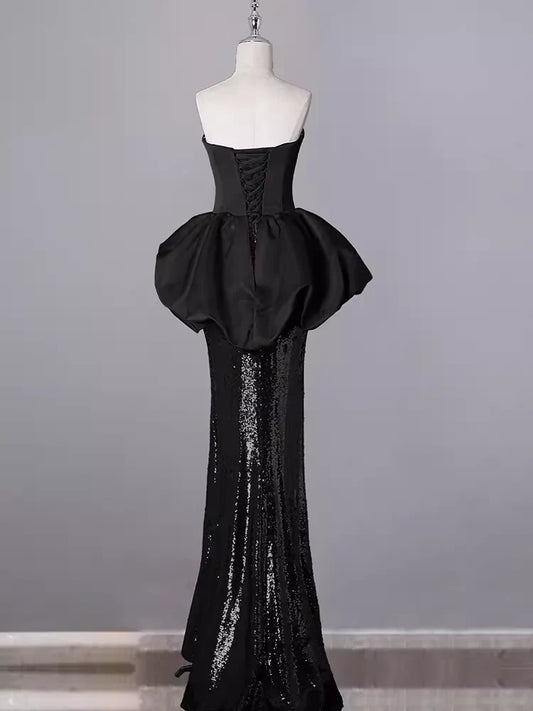 Off-the-Shoulder Mermaid Sweetheart Long Black Sequin Prom Dresses
