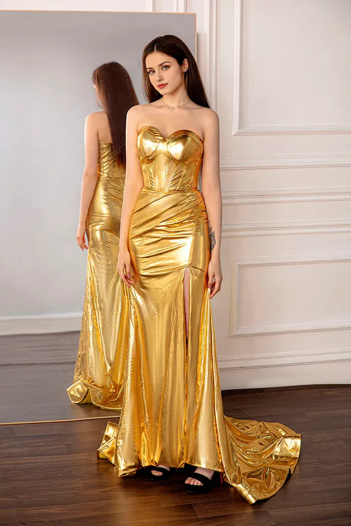 Off-the-Shoulder Metallic Gold Strapless Train Prom Dress With Slit