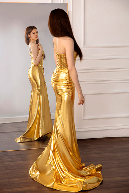 Off-the-Shoulder Metallic Gold Strapless Train Prom Dress With Slit